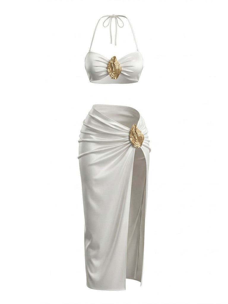 Dos-Nu Satin Matériel Froncé Ensemble Bikini & Cache Maillot Blanche Années 1950 2