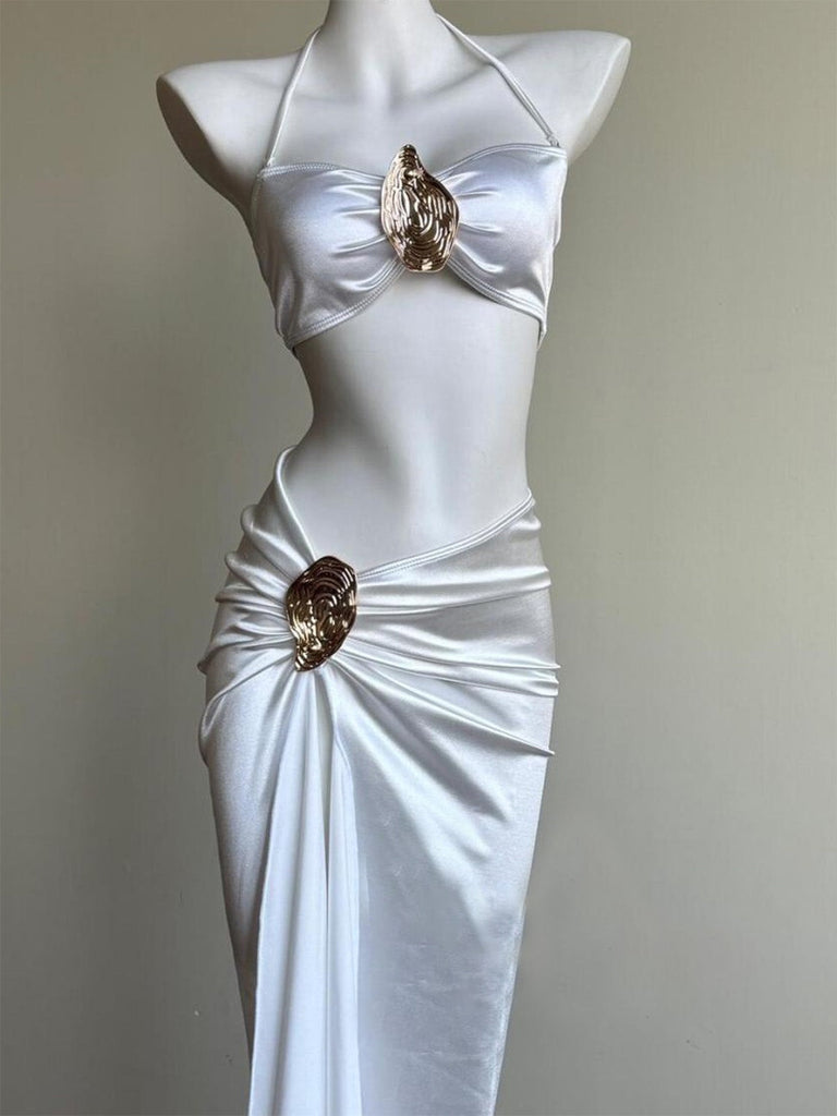 Dos-Nu Satin Matériel Froncé Ensemble Bikini & Cache Maillot Blanche Années 1950 4