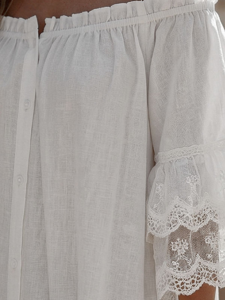 Robe Bohème Épaules Dénudées en Dentelle à Volants Étagés Blanche Années 1970