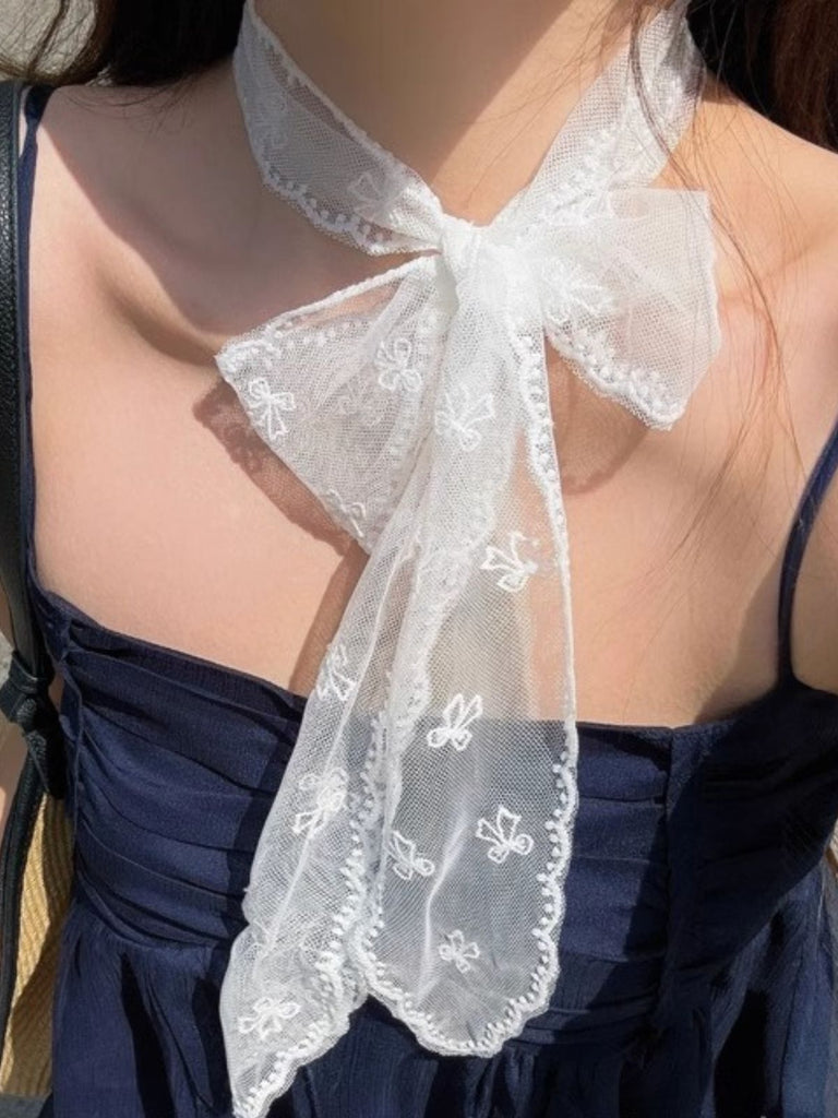 Foulard Dentelle Brodé Nœud Blanc
