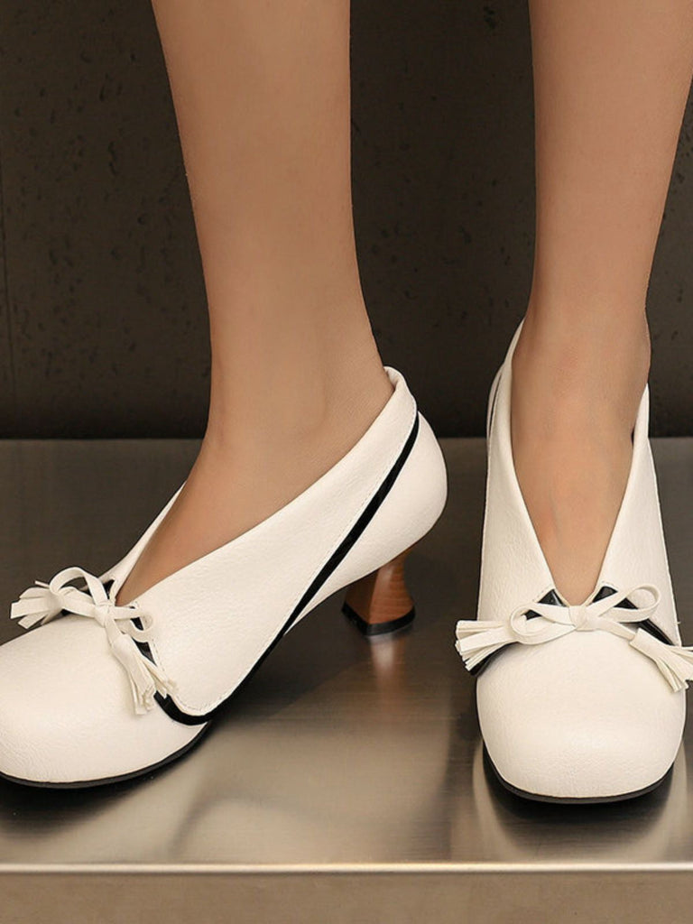 Chaussures rétro à nœud en PU, bout rond et talon compensé