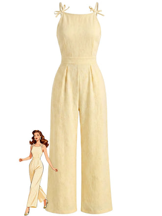 Combinaison Florale Jacquard à Bretelles Bretelles à Nouer Jaune Années 1950
