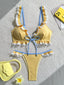Ensemble bikini jaune patchwork dentelle et colorblock années 60
