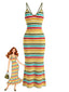 Robe Maxi Tricot Rayée Bretelles Croisées Multicolore Années 1970