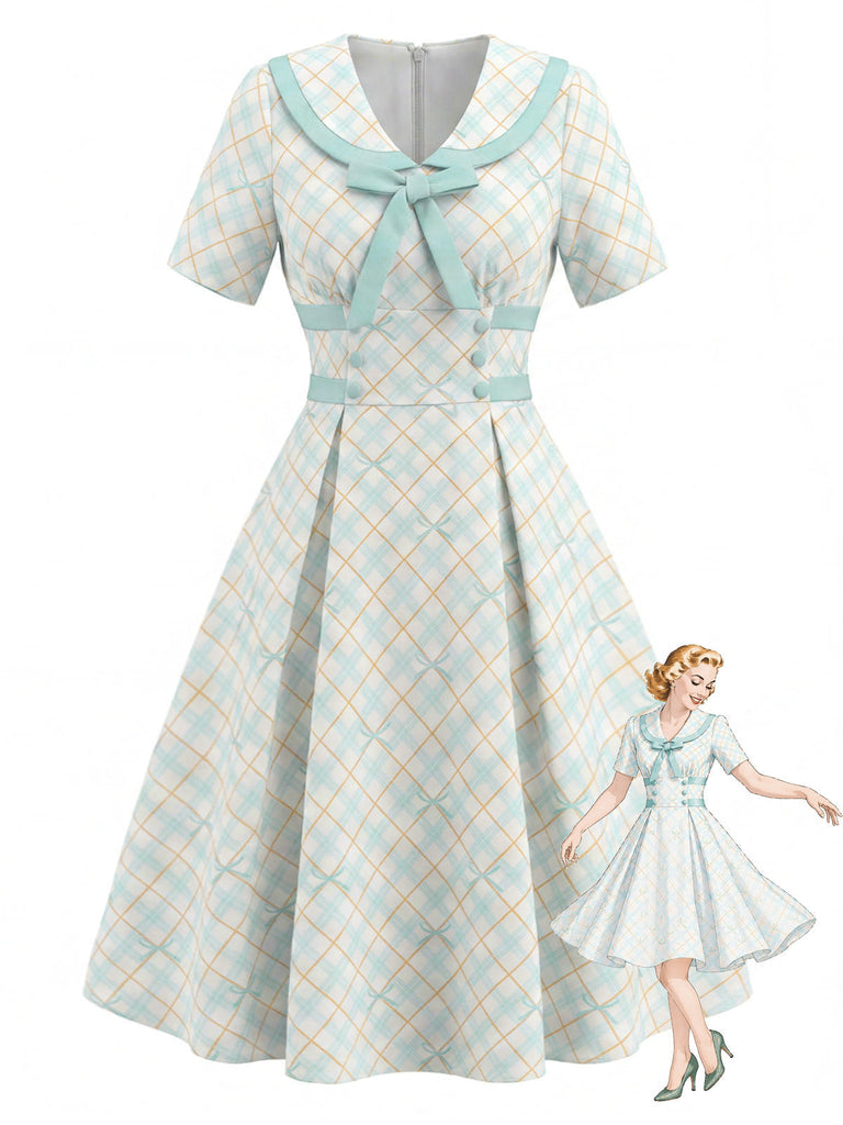 [Prévente] Robe Col Claudine à Carreaux avec Nœud Jaune & Bleu Années 50