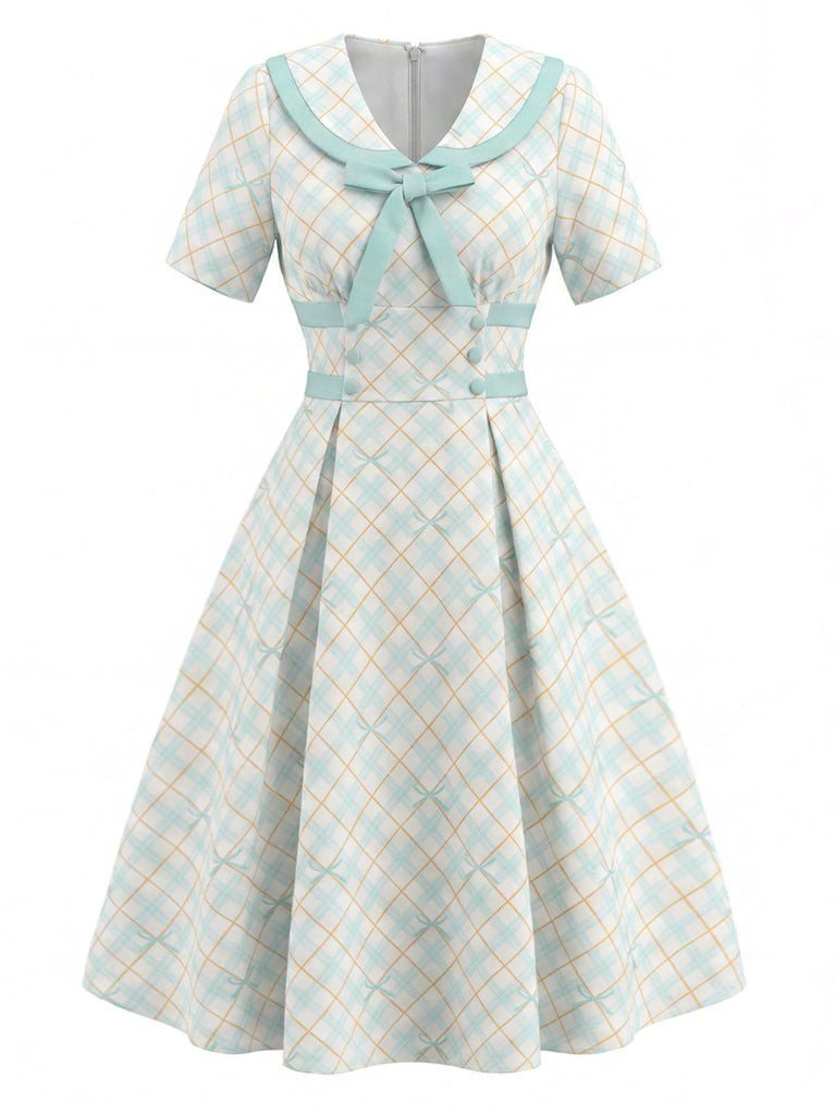 [Prévente] Robe Col Claudine à Carreaux avec Nœud Jaune & Bleu Années 50