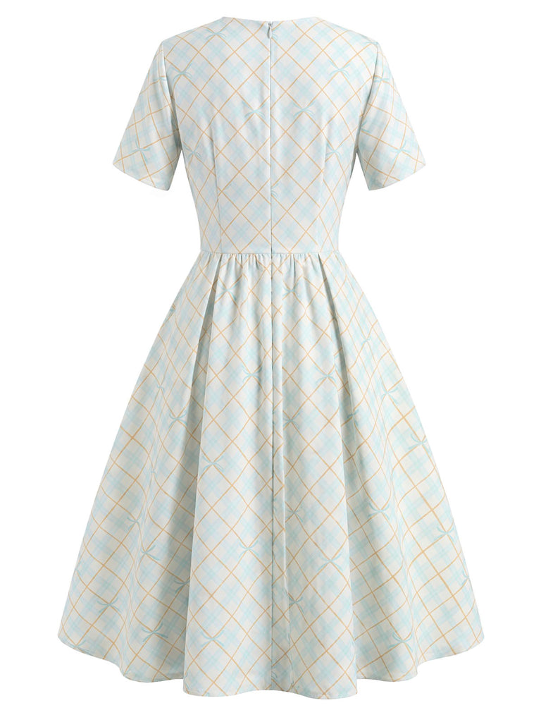 [Prévente] Robe Col Claudine à Carreaux avec Nœud Jaune & Bleu Années 50