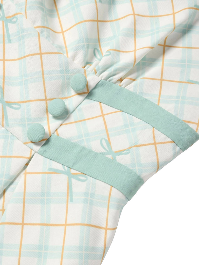 [Prévente] Robe Col Claudine à Carreaux avec Nœud Jaune & Bleu Années 50