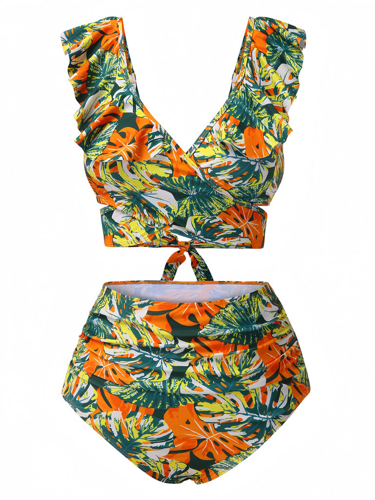 Ensemble bikini à volants et plantes tropicales des années 1960