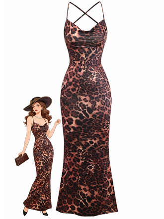 Robe à bretelles spaghetti dos nu à imprimé léopard années 1930