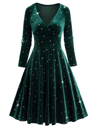 Robe en velours col en V et étoiles vert foncé des années 1940