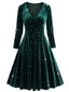 Robe en velours col en V et étoiles vert foncé des années 1940