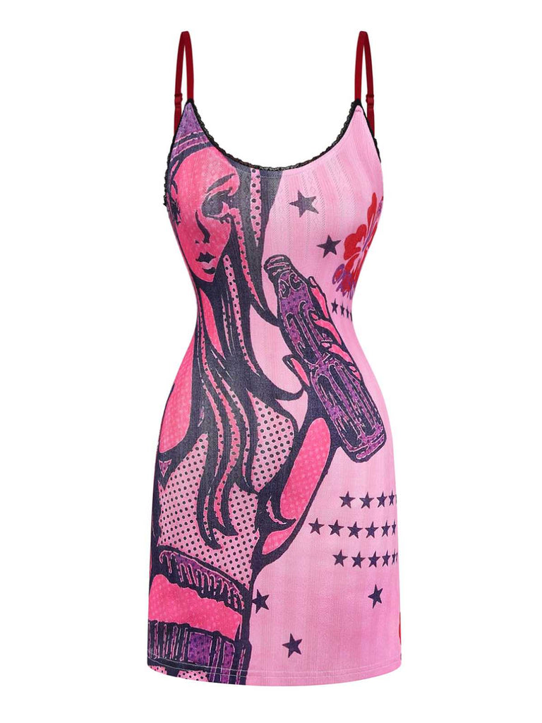 Robe Slip Rose Bordure Dentelle Motif Dessin Animé Années 2000