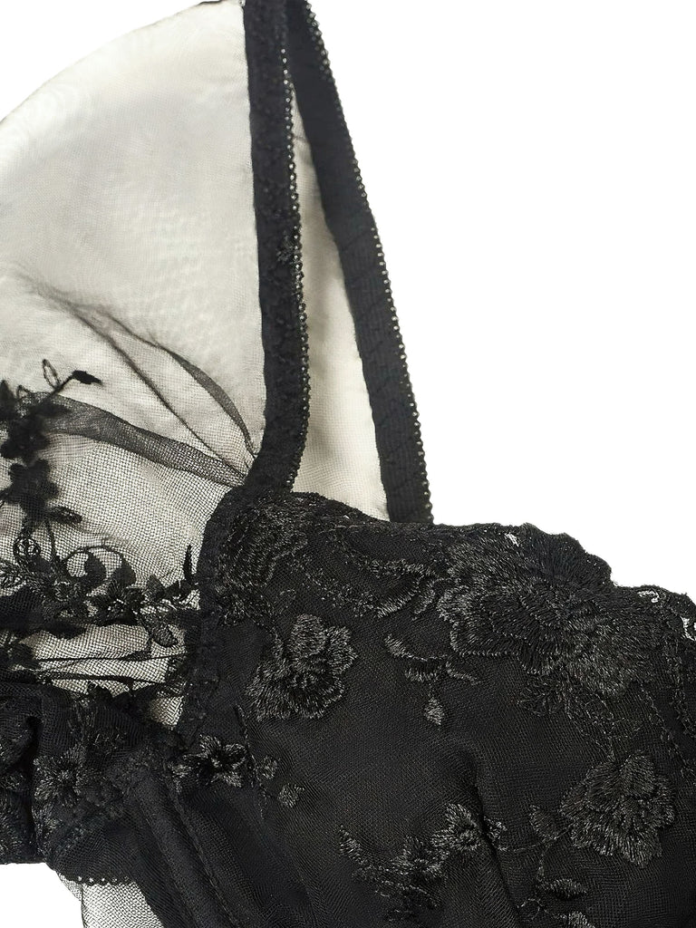 Haut corset en dentelle noir à manches bouffantes des années 1970