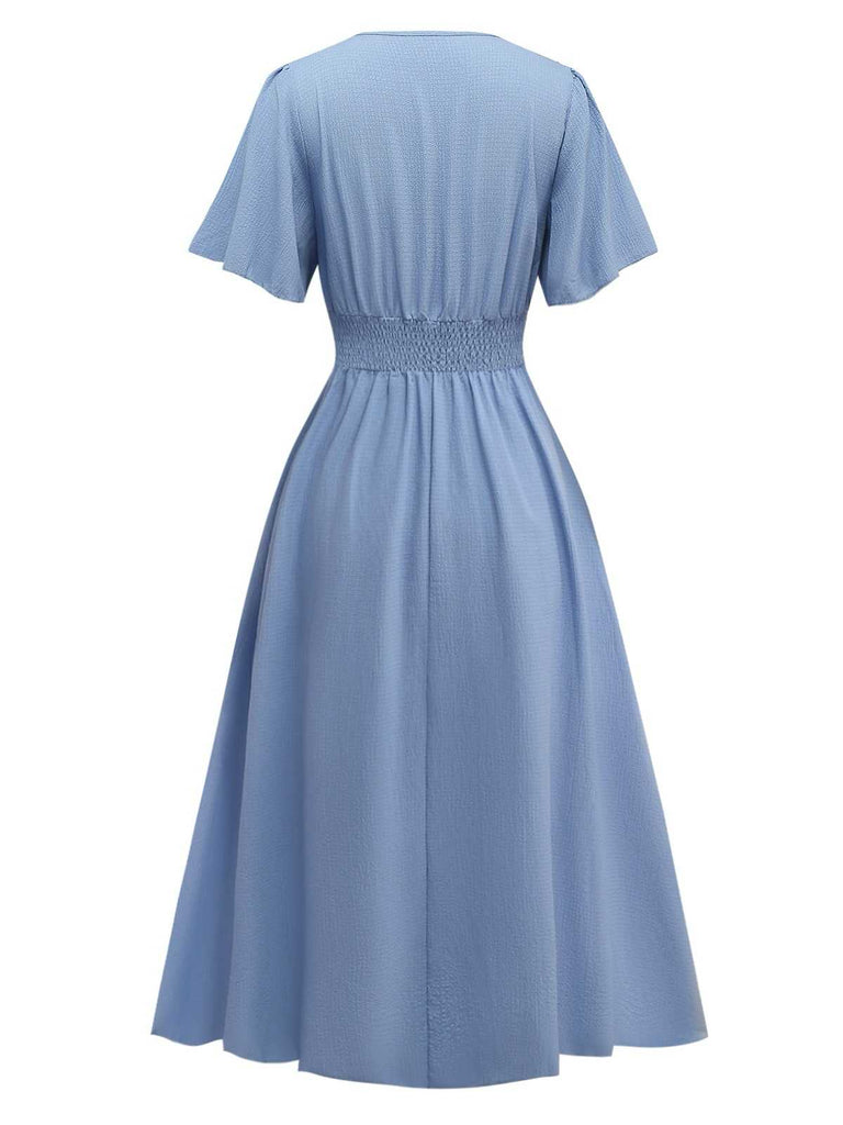 Robe manches volants froncée fendue col V uni des années 1940