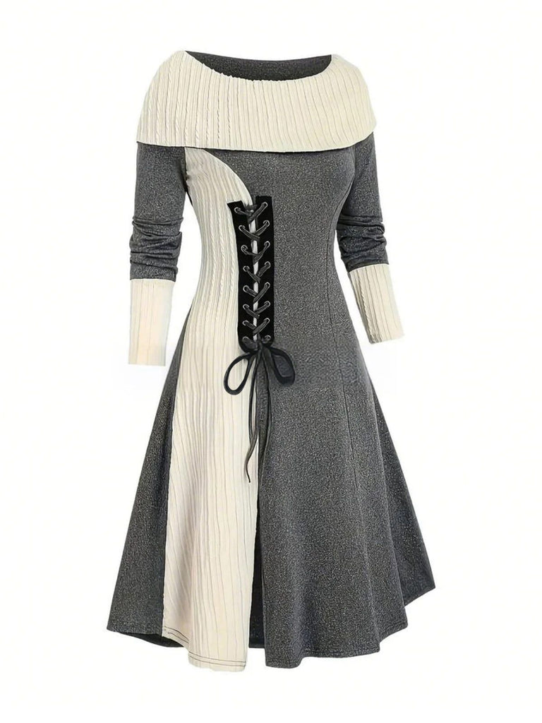 Robe à lacets et à épaules dénudées colorblock des années 1940