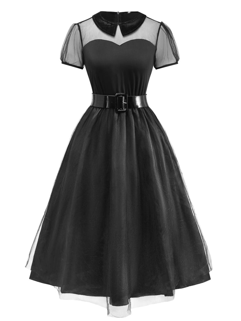 Robe noire en tulle transparent col Claudine et ceinture des années 1940