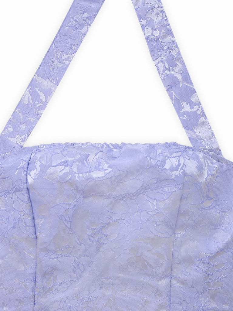 Mini robe plissée en jacquard fleurs bleu violet des années 1970