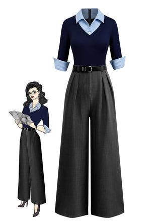 Combinaison chemise manches trois-quarts en tricot bleu et gris années 40