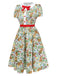 Angled studio view of the flared A-line dress showcasing the full skirt and puff sleeve silhouette.