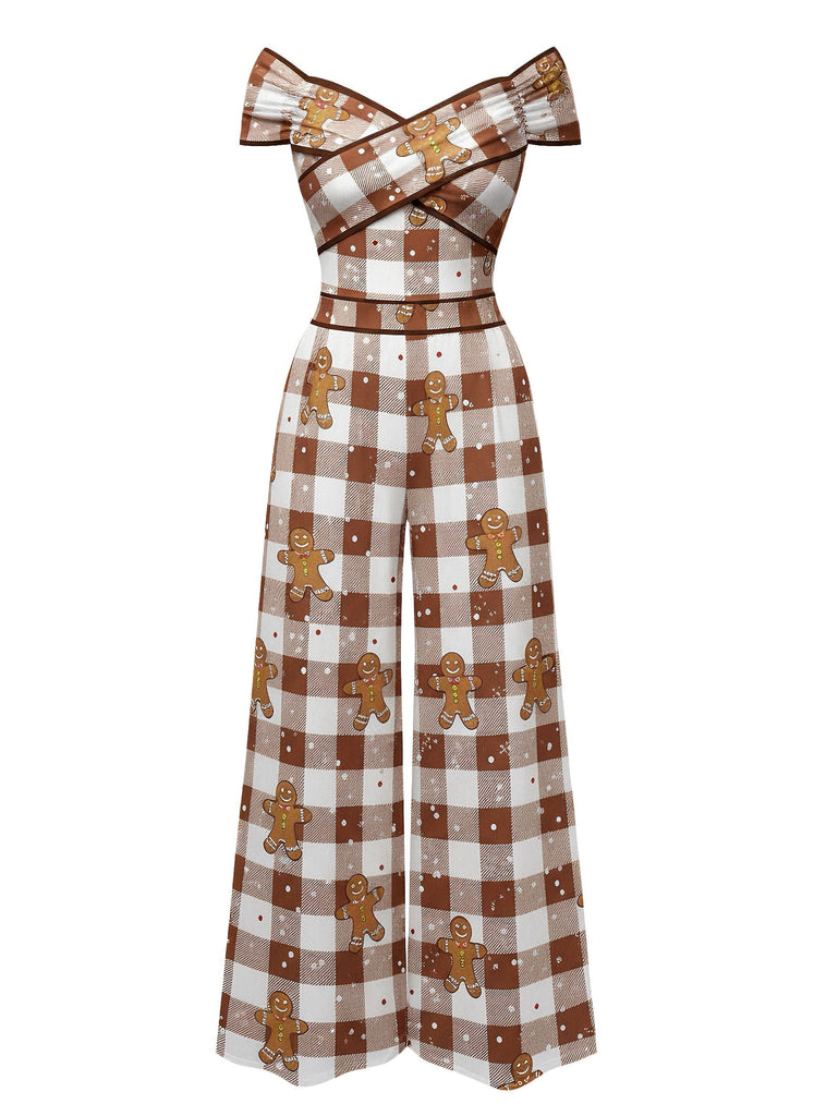 Combinaison marron à épaules dénudées carreaux et pain d'épices des années 1960