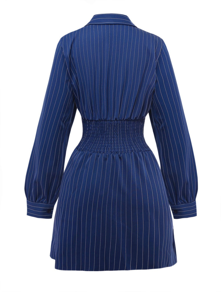 Robe chemise rayée fines bleue col Johnny des années 60
