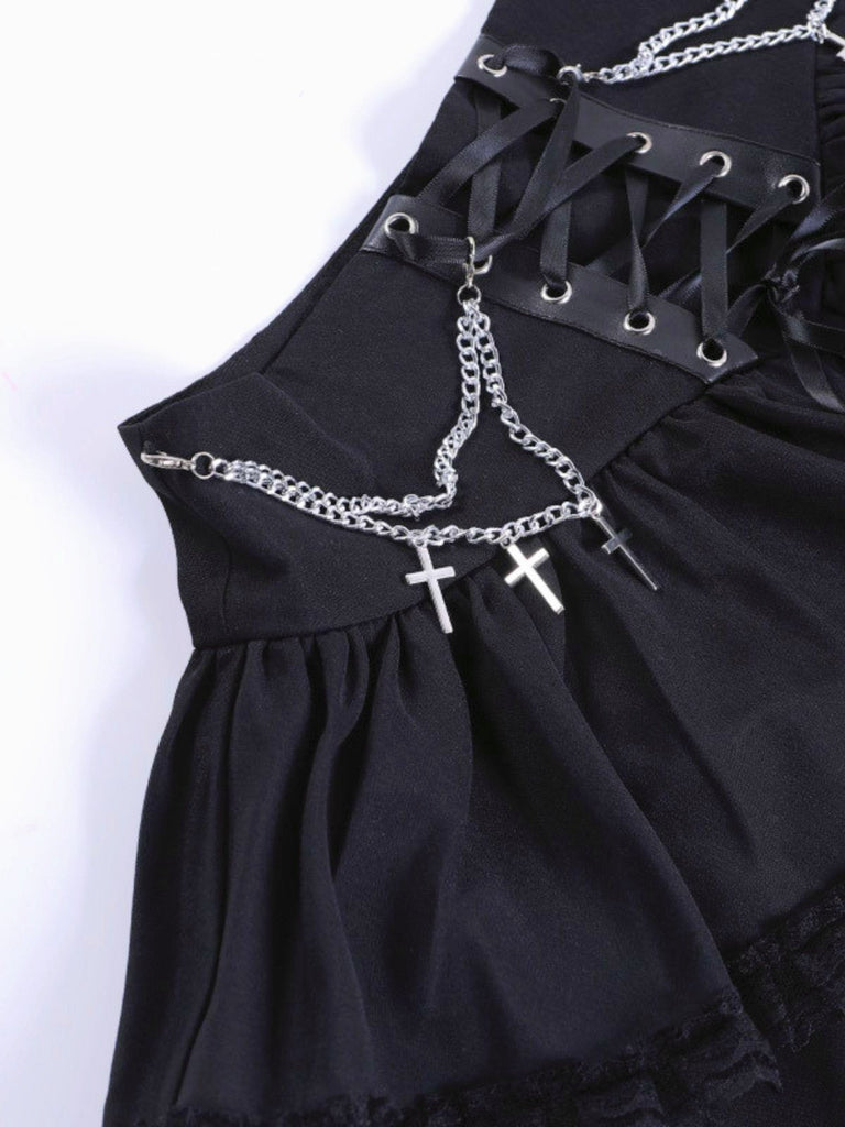 Jupe noire gothique dentelle croisée et chaîne années 1980