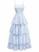 Robe fleurie à volants bretelles ourlet superposé bleues années 1970