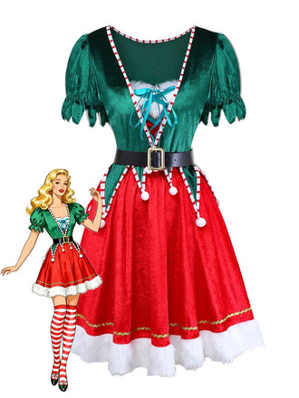 Haut vert col en V et jupe à bordure de fourrure rouge des années 60