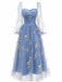Robe à manches longues en maille brodée de fleurs bleues 1930s