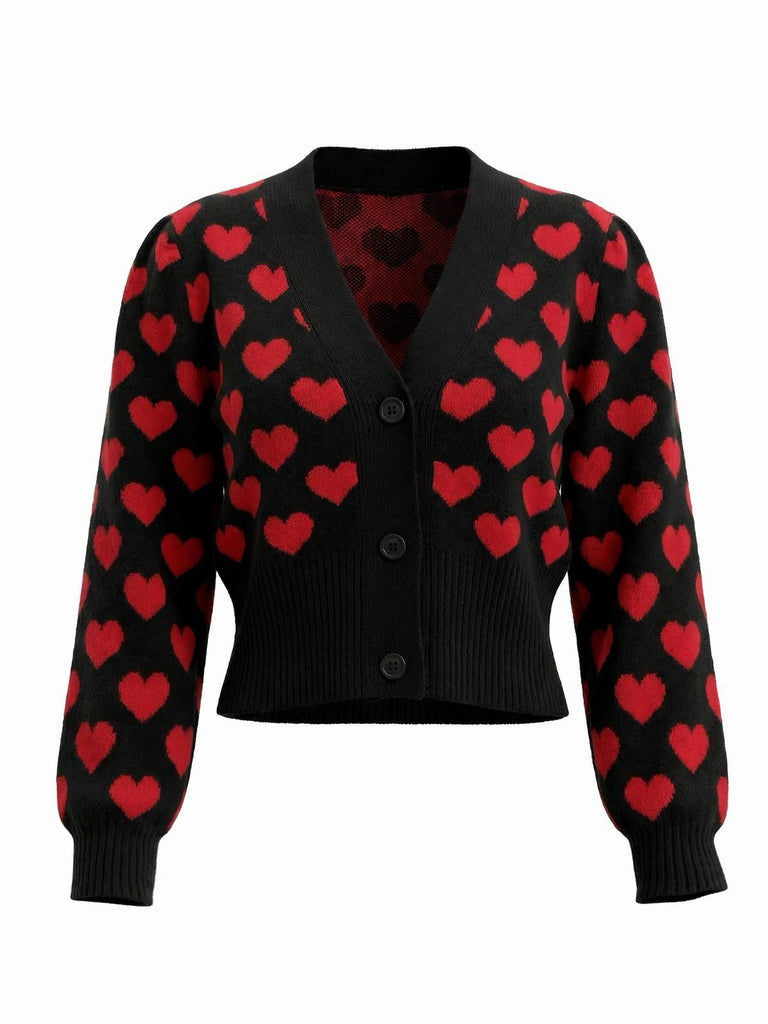 Gilet court en maille noire à motif cœur de la Saint-Valentin années 1960