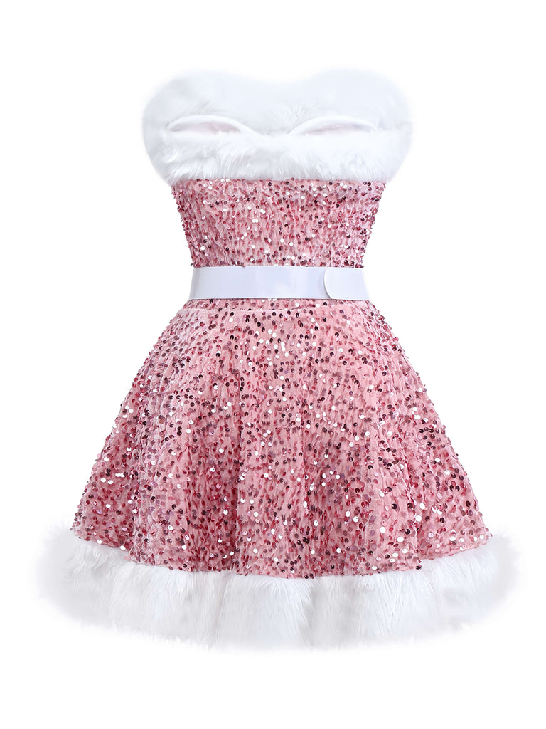 Robe bustier rose à paillettes et fourrure des années 60