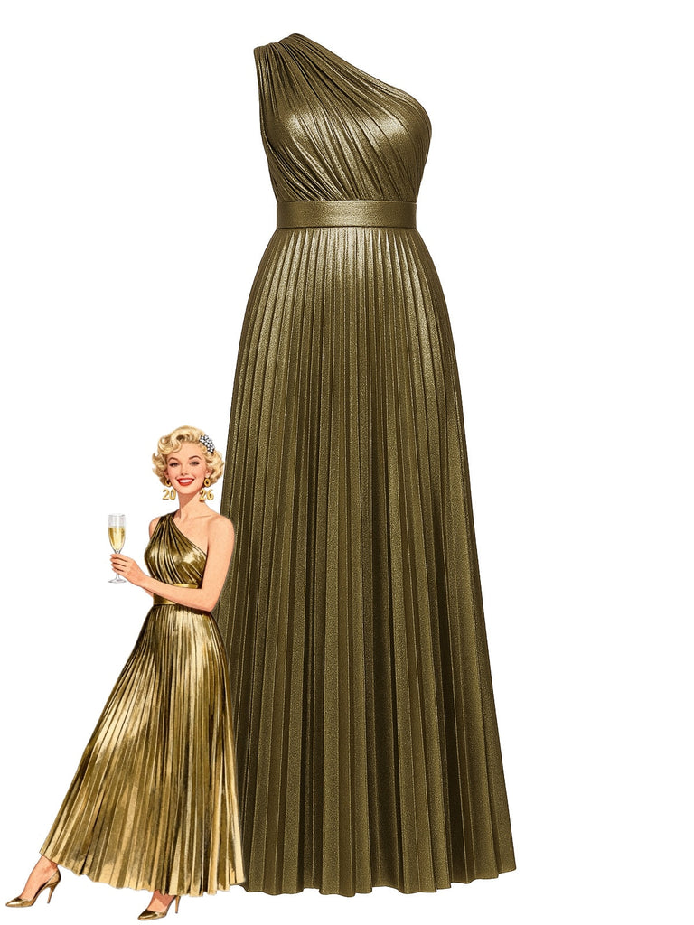 Robe de soirée plissée asymétrique dorée années 1980