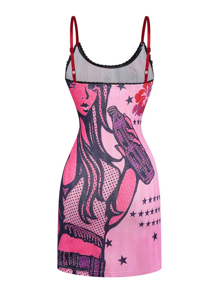 Robe Slip Rose Bordure Dentelle Motif Dessin Animé Années 2000