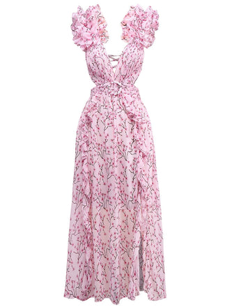 Robe fleurie rose découpée à volants col en V profond des années 1970