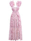 Robe fleurie rose découpée à volants col en V profond des années 1970