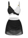 Ensemble deux pièces noir et blanc composé d'un soutien-gorge et d'une jupe sur fond blanc