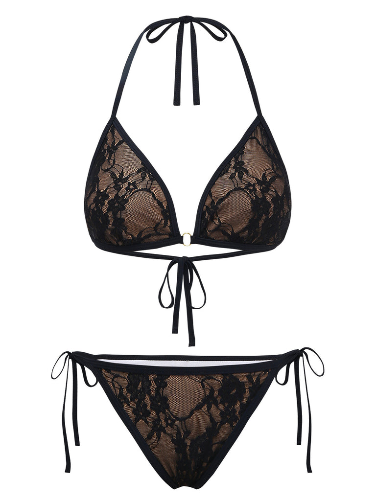 Noir Halter Floral Dentelle Ensemble Bikini Années 1970