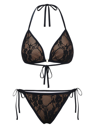 Noir Halter Floral Dentelle Ensemble Bikini Années 1970