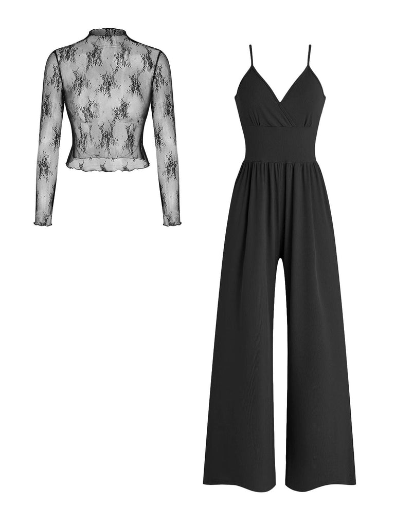 Front view of the black elegant evening set including a long-sleeve lace blouse and a pleated wide-leg jumpsuit.