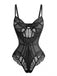 Front studio shot of the black version of the floral lace and mesh structural bodysuit.