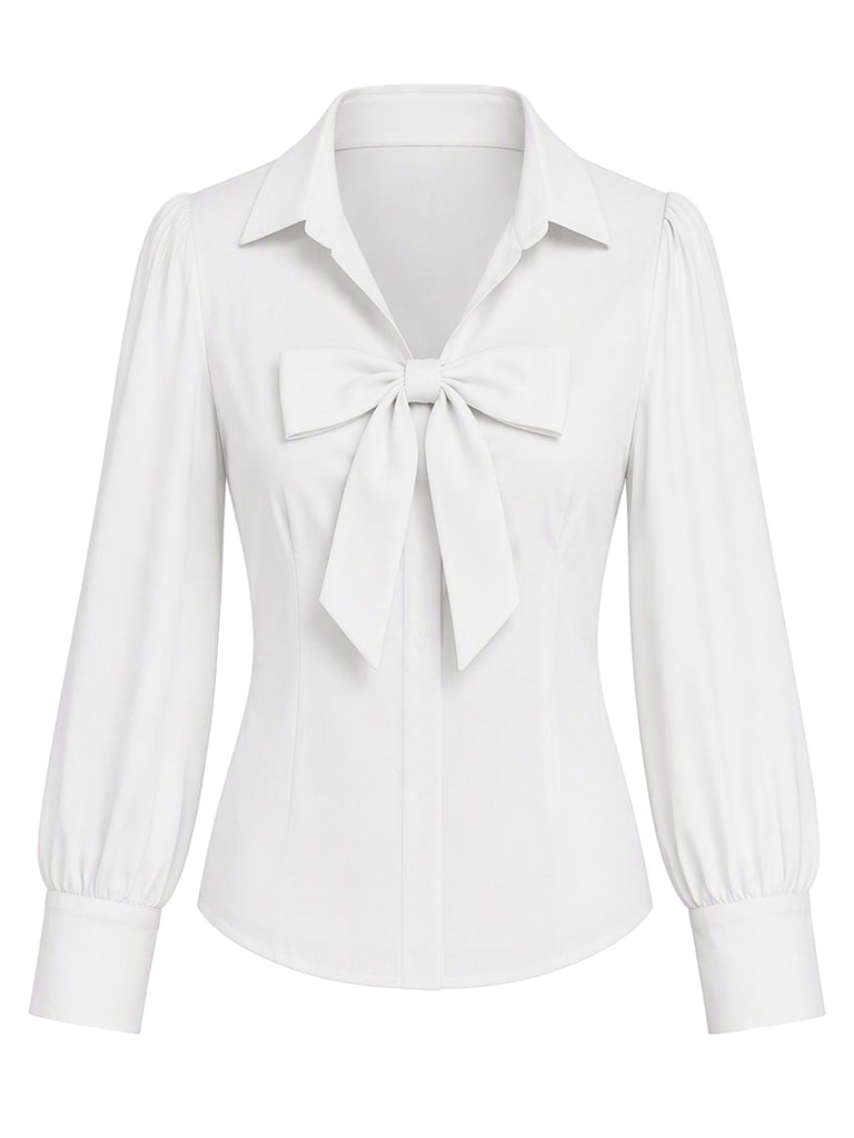 [Prévente] Blouse blanche à col revers, nœud et manches lanternes Années 1940 - 1