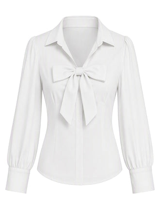 [Prévente] Blouse blanche à col revers, nœud et manches lanternes Années 1940 - 1