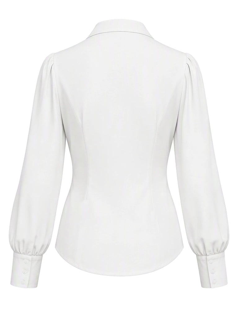 [Prévente] Blouse blanche à col revers, nœud et manches lanternes Années 1940 - 2