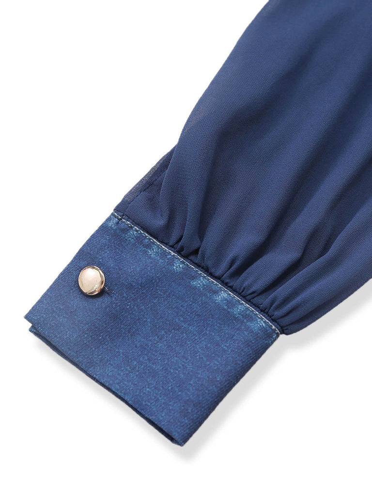 Blouse bleu marine en mousseline effet denim à col revers Années 1980 - 3
