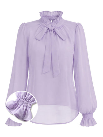[Prévente] Blouse Lavande à Col Lavallière et Manches Longues Années 1950 - 1