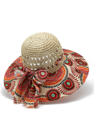 Bohème Mandala Imprimé Crochet Paille Nœud Chapeau de Soleil