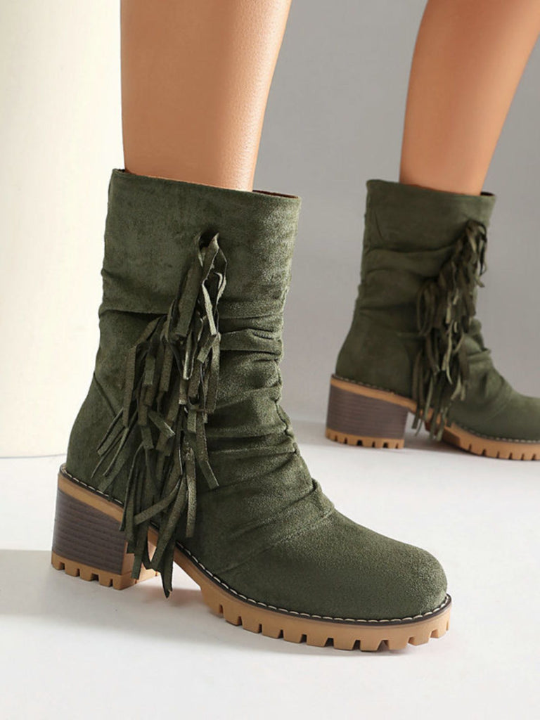 Bottes en suédine à revers modulable, franges et talons épais - 10