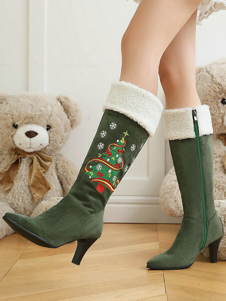 Bottes en suédine à talons hauts et sapins de Noël brodés - 2