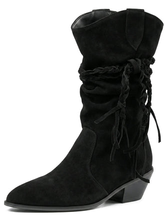 Bottes western noires mi-mollet en velours à brides tressées - 1